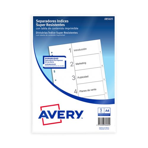 Indice-separadores-Avery-imprimibles-Laser--Inkjet-Numerados--1-5--A4-Surtidos